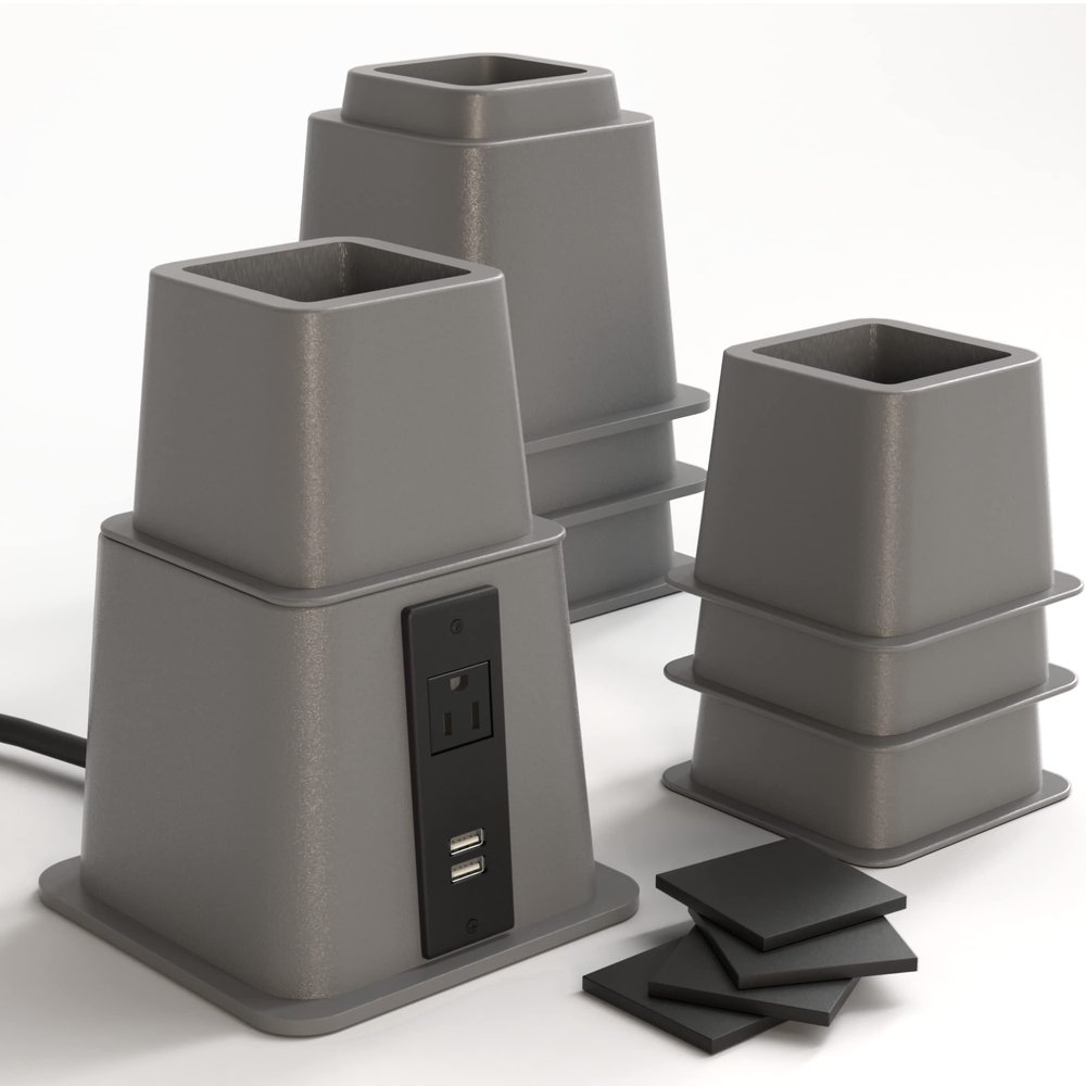 Home Intuition Heavy Duty Adjustable Bed Risers Furniture Riser 3, 5 or 8-Inch, 4 Pack (Grey W/USB)