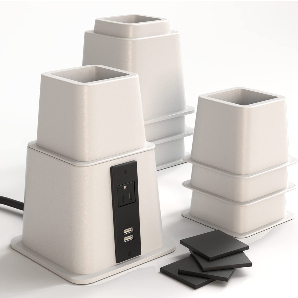 Home Intuition Heavy Duty Adjustable Bed Risers Furniture Riser 3, 5 or 8-Inch, 4 Pack (White W/USB)