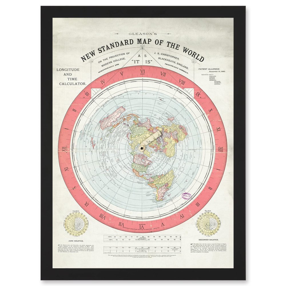 Artery8 1892 World Time Calculator Flat Earth Map Gleason A4 Artwork Framed Wall Art Print