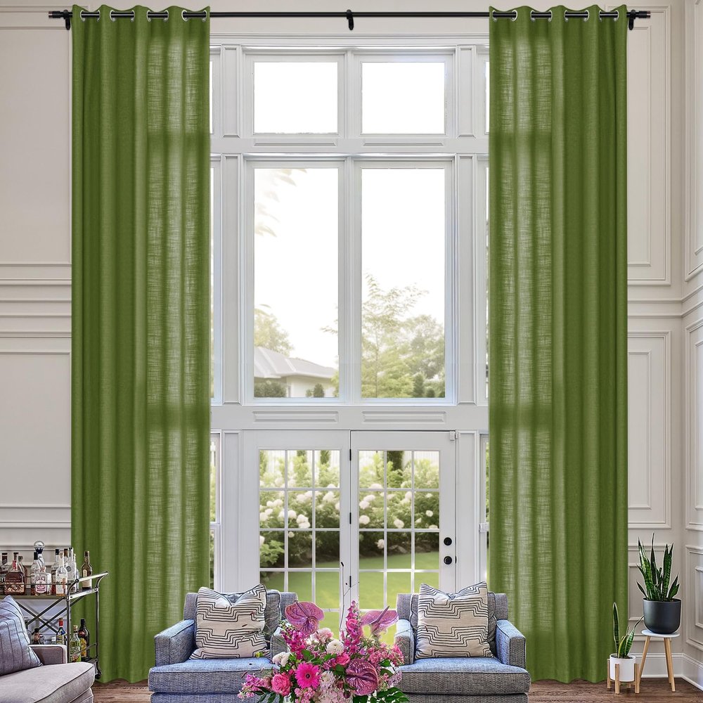 Fcosie Extra Long 132 Inches Linen Curtains for High Ceiling Living Room Bedroom, 11 FT Nickel Grommets Custom Made Drapes, Green Privacy Drapery for Loft Sliding Door, 1 Panel, 50" Wx132 L