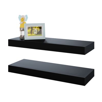 BAMEOS Floating Shelves, Black Wall Mounted Wooden Shelves with Invisible Brackets Set of 2, Hanging Wall Shelves Decoration for Bedroom, Bathroom, Living Room and Kitchen