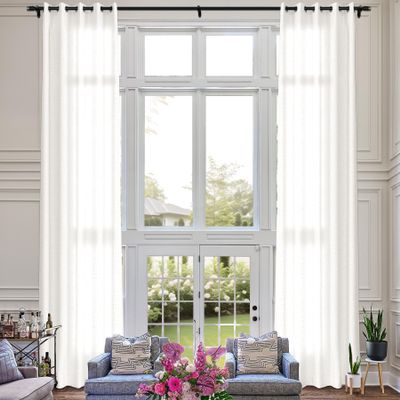 Fcosie Extra Long 132 Inches Linen Curtains for High Ceiling Living Room Bedroom, 11 FT Nickel Grommets Custom Made Drapes, Beige White Privacy Drapery for Loft Sliding Door, 1 Panel, 50" Wx132 L