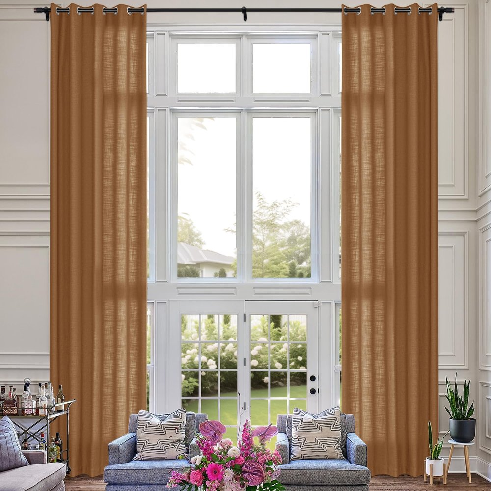 Fcosie Extra Long 132 Inches Linen Curtains for High Ceiling Living Room Bedroom, 11 FT Nickel Grommets Custom Made Drapes, Orange Copper Privacy Drapery for Loft Sliding Door, 1 Panel, 50" Wx132 L