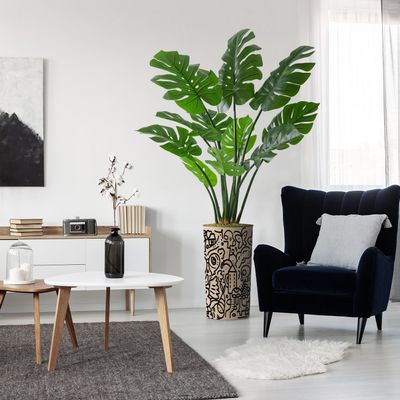 Artificial Tree in Contemporary Geometric Planter, Fake Monstera Silk Tree for Indoor and Outdoor Home Decoration - 65" Overall Tall (Plant Pot Plus Tree)