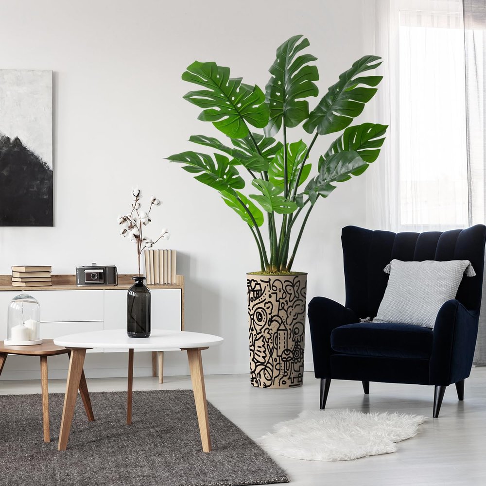 Artificial Tree in Contemporary Geometric Planter, Fake Monstera Silk Tree for Indoor and Outdoor Home Decoration - 65" Overall Tall (Plant Pot Plus Tree)