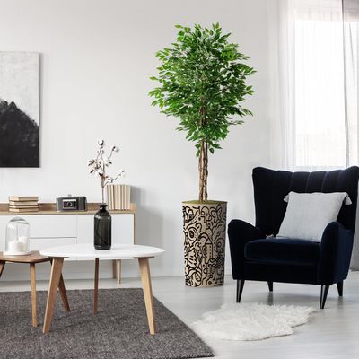 Artificial Tree in Contemporary Geometric Planter, Fake Ficus Silk Tree for Indoor and Outdoor Home Decoration - 75" Overall Tall (Plant Pot Plus Tree)