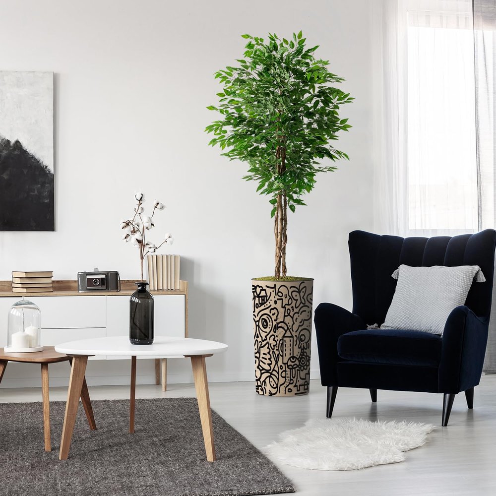 Artificial Tree in Contemporary Geometric Planter, Fake Ficus Silk Tree for Indoor and Outdoor Home Decoration - 75" Overall Tall (Plant Pot Plus Tree)