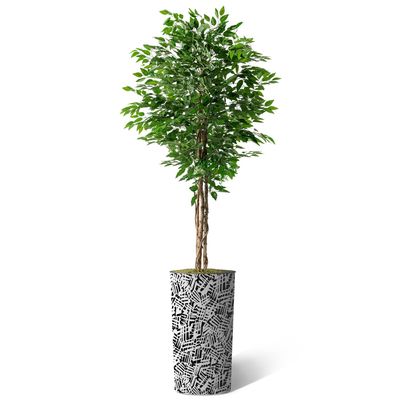 Artificial Tree in Contemporary Pattern Planter, Fake Ficus Silk Tree for Indoor and Outdoor Home Decoration - 75" Overall Tall (Plant Pot Plus Tree)