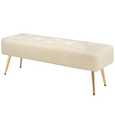 Furniliving 44 Inch Modern Ottoman Bench, Upholstered Faux Fur Fabric Entryway Benches with Gold Metal Frame for Living Room Vintage Indoor Benches End Bed Bench Footrest Ottoman (IvoryWhite)