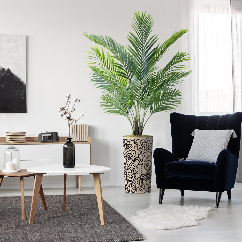 Artificial Tree in Contemporary Geometric Planter, Fake Areca Tropical Palm Silk Tree for Indoor and Outdoor Home Decoration - 66" Overall Tall (Plant Pot Plus Tree)