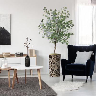 Artificial Tree in Contemporary Geometric Planter, Fake Eucalyptus Silk Tree for Indoor and Outdoor Home Decoration - 66" Overall Tall (Plant Pot Plus Tree)