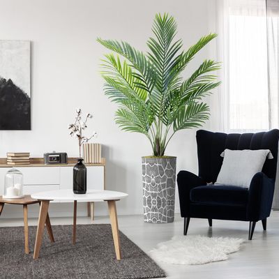 Artificial Tree in Contemporary Geometric Pattern Planter, Fake Areca Tropical Palm Silk Tree for Indoor and Outdoor Home Decoration - 66" Overall Tall (Plant Pot Plus Tree)