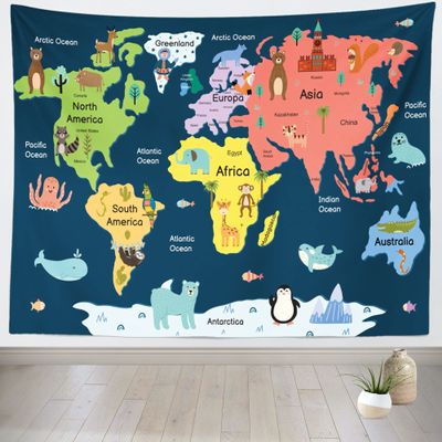 CORFOTO World Map Tapestry Wall Hanging Cartoon Continents Animal Map Tapestries Animal Landmark Backdrop for Kids Children Room Bedroom Classroom Wall Decor Animals Party Decorations 70Wx47H inches