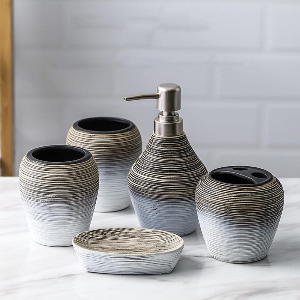 JINYISI Bathroom Accessories Set,5 Piece Bathroom Sets Accessories,Ceramic Bathroom Vanity Countertop Accessory Set,Bathroom Decorate, Grey