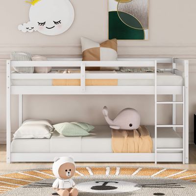 Anwick Twin Over Twin Floor Bunk Bed with Full Length Guardrail,Twin Size Bunk Bed for Teens/Kids, Saving Space,No Box Spring Needed,White