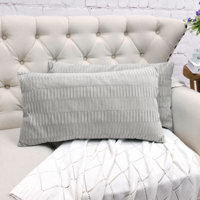 BYTIDE Pleated Striped Velvet Decorative Lumbar Throw Pillow Covers 14 x 26 Inches Set of 2, Soft Chic Rectangular Cushion Case Pillowcase for Couch Bed Sofa Car Bedroom Living Room, Silver Gray