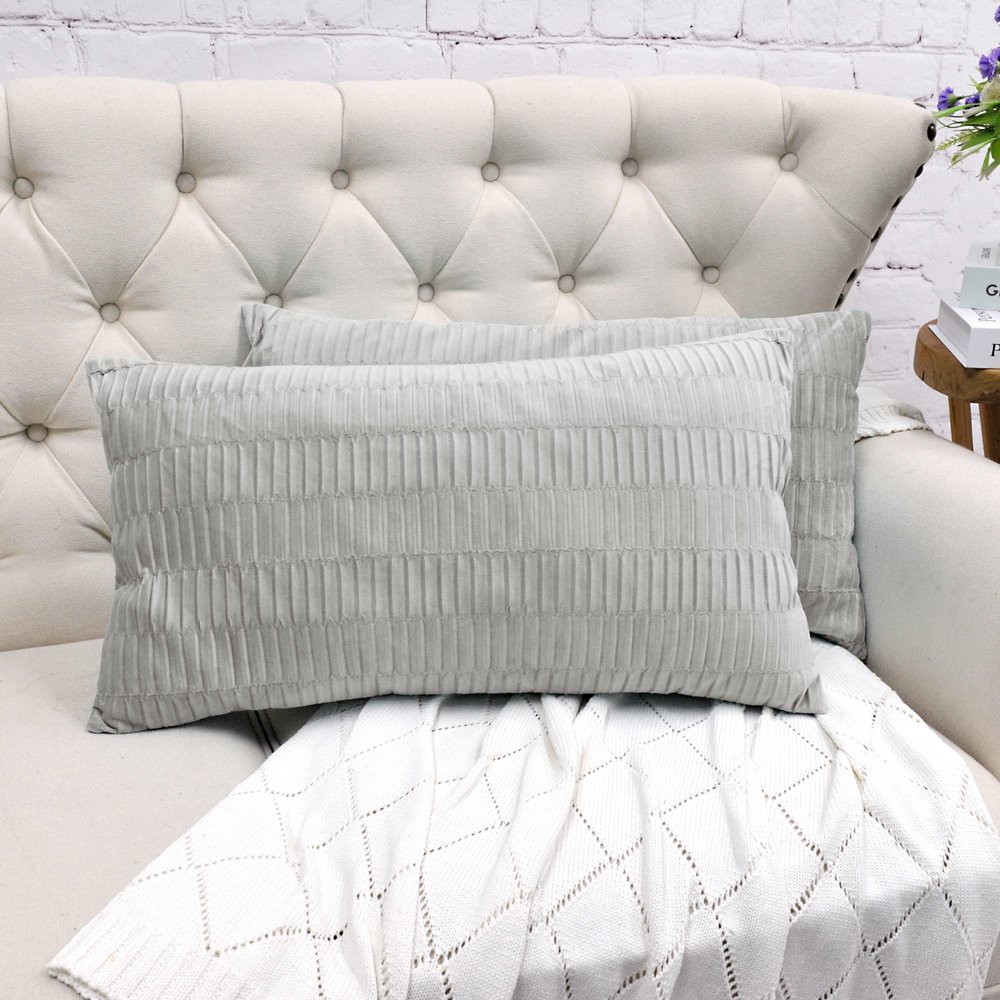 BYTIDE Pleated Striped Velvet Decorative Lumbar Throw Pillow Covers 14 x 26 Inches Set of 2, Soft Chic Rectangular Cushion Case Pillowcase for Couch Bed Sofa Car Bedroom Living Room, Silver Gray
