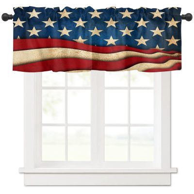 4th of July Windows Valances Curtain American Flag Stripes Stars Patriotic Independence Day Valances Rod Pocket Blue Red Rustic Window Treatment Short Topper Curtains for Kitchen Living Bedroom,54x18