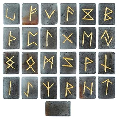 Crocon Grey Aventurine Rectangle Shape Gemstone Runes with Elder Futhark Alphabet Engraved 25 pcs Rune Set Crystal Divination Metaphysical Reiki Healing Chakra Runes Set with a Pouch Size : 2025mm