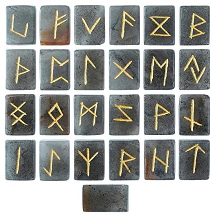 Crocon Grey Aventurine Rectangle Shape Gemstone Runes with Elder Futhark Alphabet Engraved 25 pcs Rune Set Crystal Divination Metaphysical Reiki Healing Chakra Runes Set with a Pouch Size : 2025mm
