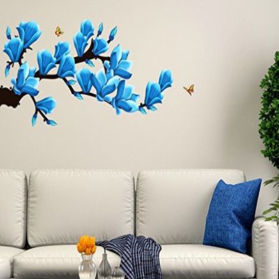WallDecart Presents Wall Stickers Floral Branch with Artistic Flowers in Blue Home Decoration (Multicolor) #Aport-023