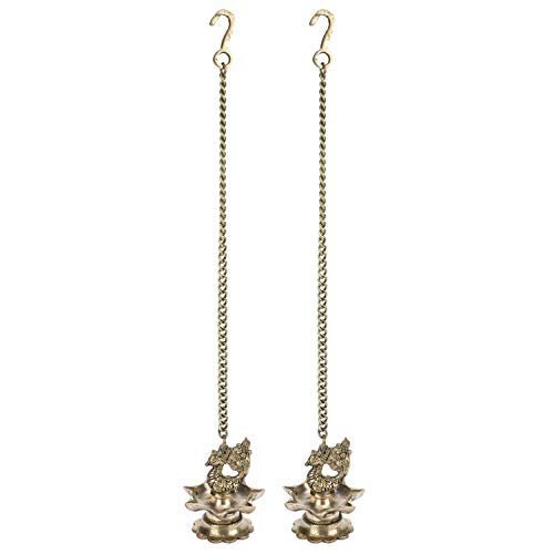 Frienemy Presents Brass Hanging Peacock Diya Pair with Chain Deepak Deepam Hanger Large Oil Lamp 16 Inches #Frienemy-606
