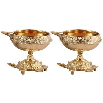Frienemy Presents Designer Brass Handmade Engraved Kuber Diya with Turtle Base with Potli Bag, 3X2Inches(Gold) - Set of 2#Frienemy-813
