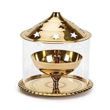 Frienemy Presents Brass Akhand Diya with Glass Cover and Designed Star Holes On Top (17 Cm in Height) (Single) #Frienemy-333