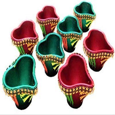 Frienemy Presents Large Earthen Clay Diya Sets/Oil Lamps for Diwali Puja & Home Decoration, Multi Colour (8 Pcs) #Frienemy-809