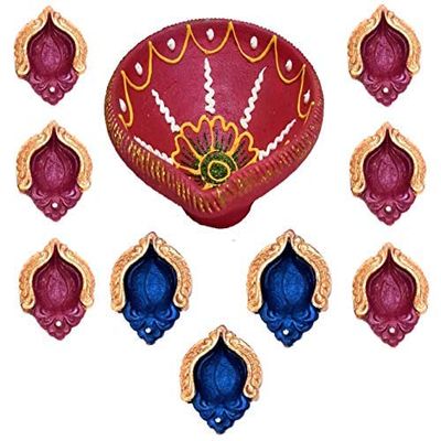 Frienemy Presents Earthen Clay Large Akhand Diya with Set of 9 Designer Diyas for Diwali Puja & Home Decoration, Multi Colour (Set of 10) #Frienemy-328