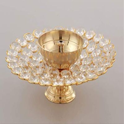 Frienemy Presents Akhand Diya Decorative Brass & Crystal Oil Lamp Tea Light Holder Lantern, 6 Inches Wide Umbrella Shaped Diya Lantern (Gold and White) #Frienemy-101
