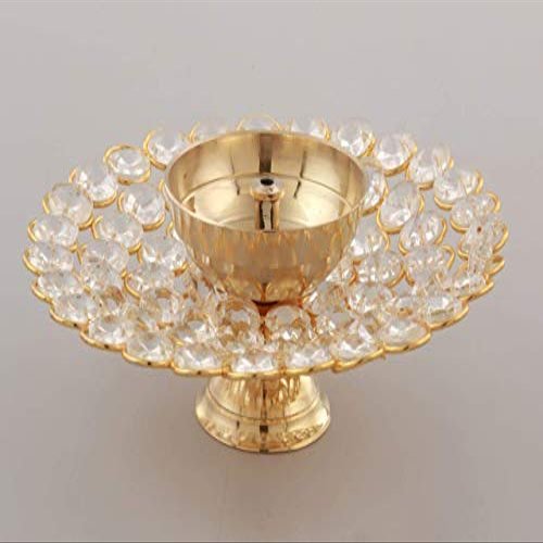 Frienemy Presents Akhand Diya Decorative Brass & Crystal Oil Lamp Tea Light Holder Lantern, 6 Inches Wide Umbrella Shaped Diya Lantern (Gold and White) #Frienemy-101
