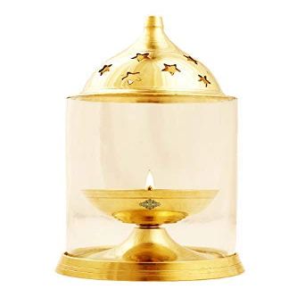 Frienemy Presents Brass Akhand Jyot Diya with Molded Glass & Stand, Oil Puja Lamp, Home Temple Decor, Diwali Gift Item, 10.9'' Cm #Frienemy-865