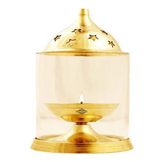 Frienemy Presents Brass Akhand Jyot Diya with Molded Glass & Stand, Oil Puja Lamp, Home Temple Decor, Diwali Gift Item, 10.9'' Cm #Frienemy-865