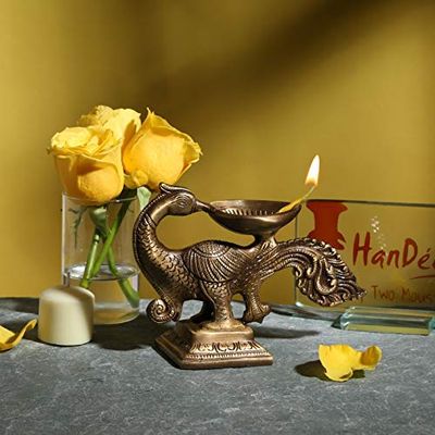 Frienemy Presents Brass Peacock Design Oil Wick Diya (Brown_7 Inch X 2 Inch X 5.5 Inch) #Frienemy-586