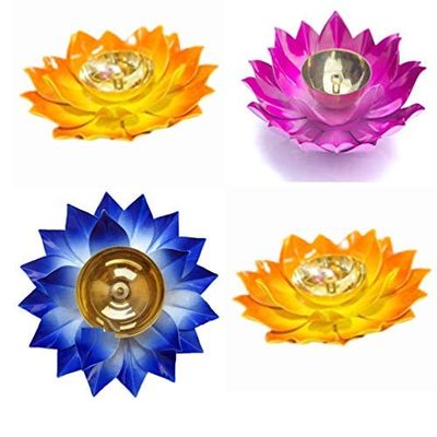 Frienemy Presents Brass Painted Lotus Diya Color Full for Puja and Diwali Decoration (Color: Multi-Color)(Pack of 4) #Frienemy-478