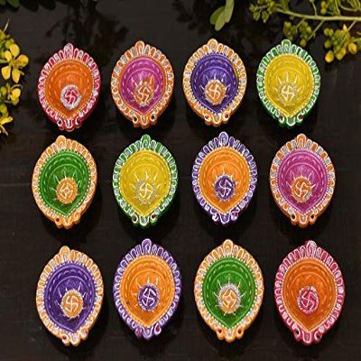 Frienemy Presents Clay 12 Diyas Diya Deepak Earthen Assorted Colorful Set - Diwali Decoration Puja - Handpainted Diya for Home Indoor Outdoor Diwali Design Handmade #Frienemy-108