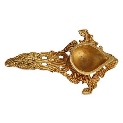 Frienemy Presents Brass Hand Held Puja Aarti Oil Diya with Long Handle (Gold_4 Inch X 7 Inch X 1.5 Inch) #Frienemy-694