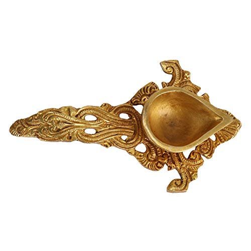 Frienemy Presents Brass Hand Held Puja Aarti Oil Diya with Long Handle (Gold_4 Inch X 7 Inch X 1.5 Inch) #Frienemy-694
