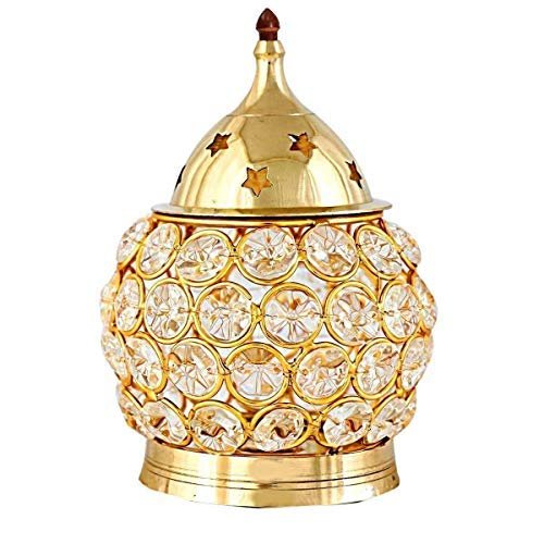 Frienemy Presents Creation Crystal Handmade Pure Brass Diya Tea Light Holder Decorative Lantern Oval Shape Diwali Gifts Home Decor Puja Lamp (Size - 4.25X4.25X6 Inch) #Frienemy-103
