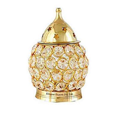 Frienemy Presents Akhand Diya Decorative Brass Oval Shaped Crystal Oil Lamp Tea Light Holder Lantern, 4.5-Inch(Gold and White) #Frienemy-345