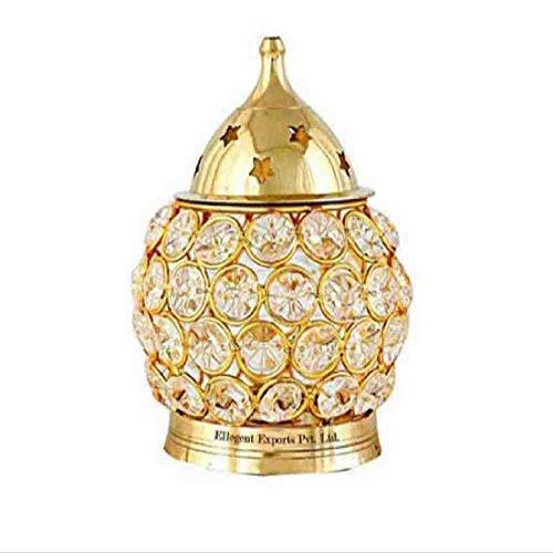 Frienemy Presents Akhand Diya Decorative Brass Oval Shaped Crystal Oil Lamp Tea Light Holder Lantern, 4.5-Inch(Gold and White) #Frienemy-345