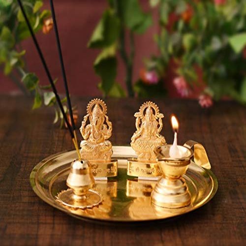 Frienemy Presents Pooja Thali Set for Aarti Home - Metal Laxmi Ganesh Idol Showpiece -Bhai Dooj Duj Traditional Diya Oil Puja Lamp - Agarbatti Incense Stick Holders - #Frienemy-759