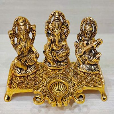 Frienemy Presents Golden Metal Diwali Decorative Laxmi Ganesha Saraswati Sitting Diya Statue - Puja Diya- Lakshmi Ganesh Saraswati Showpiece Oil Lamp Diya Decoration #Frienemy-357