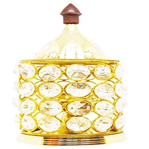 Frienemy Presents Cylindrical Brass Akhand Diya with Decorative Crystals Oil Lamp Lantern Cylindrical Shape | Diya for Puja and Festival Decoration - 15Cm #Frienemy-747
