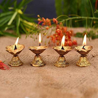 Frienemy Presents Set of 4 Metal Kuber Diya Oil Lamp - Engraved Design Diya for Diwali Puja Lamp - Diya for Puja - Diwali Lights - #Frienemy-740