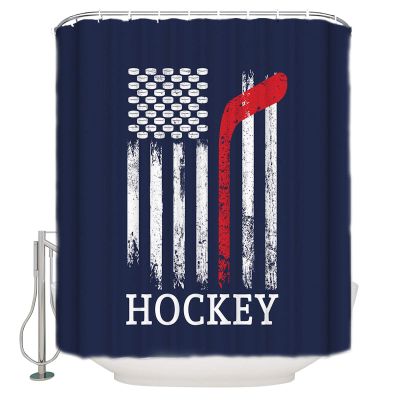 YOKOU Hockey Shower Curtain, Sport Theme American Flag Blue Polyester Fabric Bath Curtains with Hooks for Bathroom Showers Stalls Bathtubs, 72"x72"