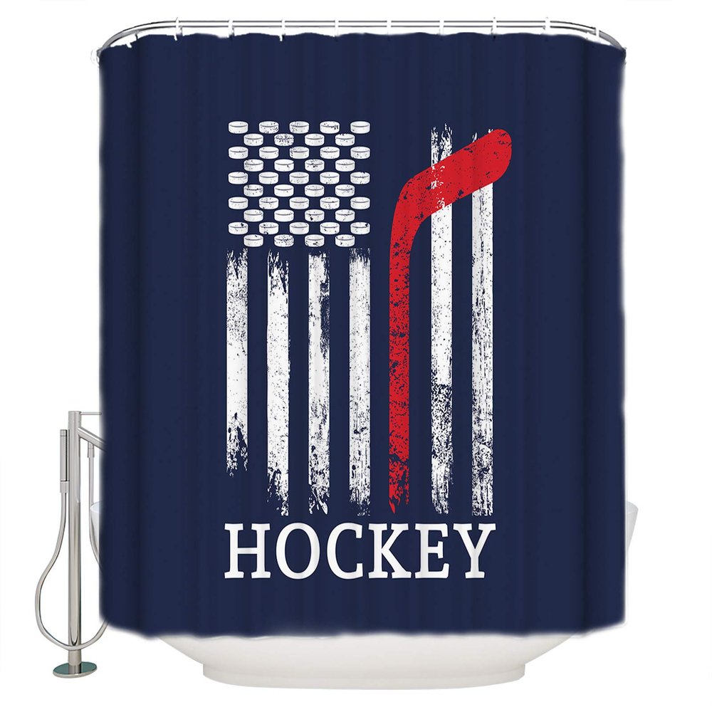 YOKOU Hockey Shower Curtain, Sport Theme American Flag Blue Polyester Fabric Bath Curtains with Hooks for Bathroom Showers Stalls Bathtubs, 72"x72"