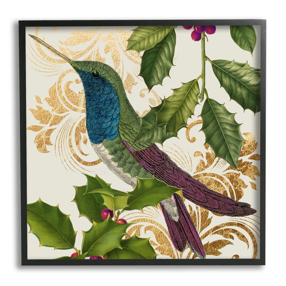 Stupell Industries Curious Hummingbird Golden Pattern Winter Holly Bird, Design by Daphne Polselli