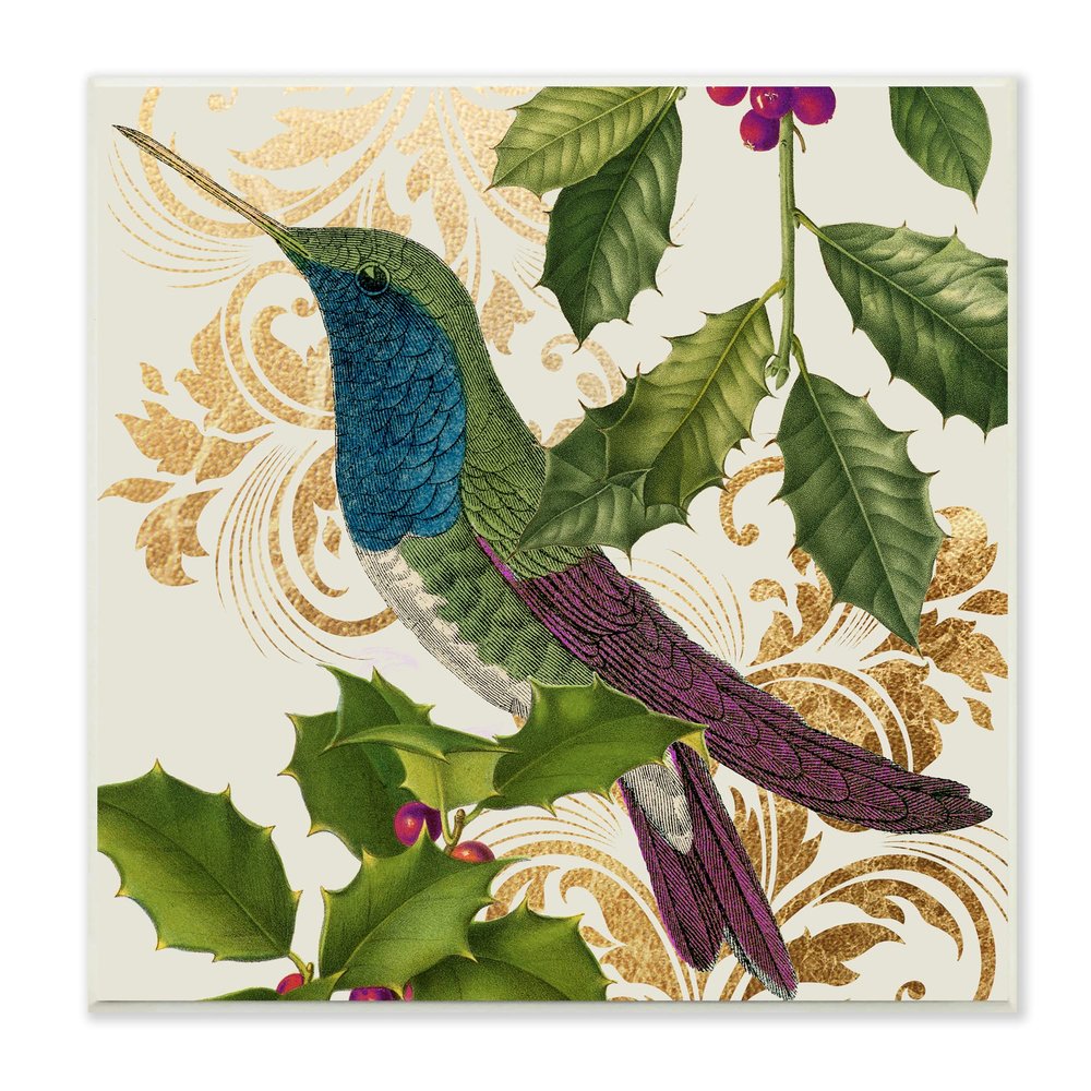 Stupell Industries Curious Hummingbird Golden Pattern Winter Holly Bird, Design by Daphne Polselli, 12 x 12, Multi-Color